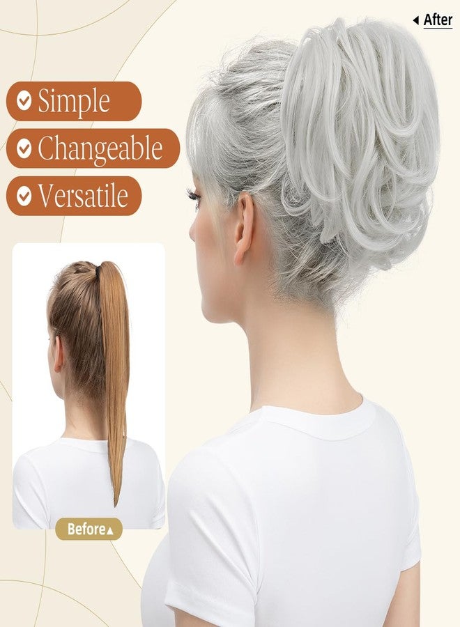 youngways Claw Clip Short Ponytail Messy Bun Hair Piece Bendable Hair Branch Extensions Fluffy Wavy Curly Synthetic Versatile White Hairpieces - Image 2